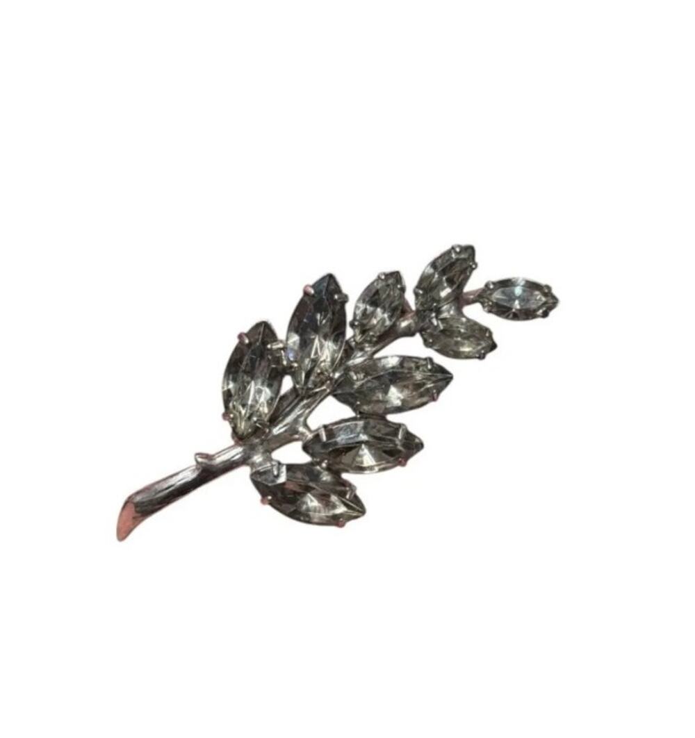 Vintage Rhinestone Leaf Spray Brooch Clear Navette Silver Tone Mid Century